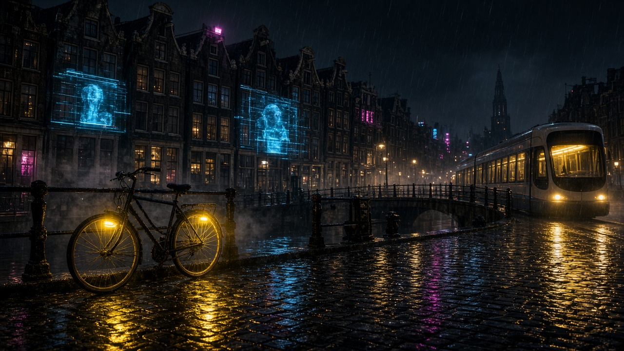 Amsterdamse straat bij nacht met neon, regen en tram
