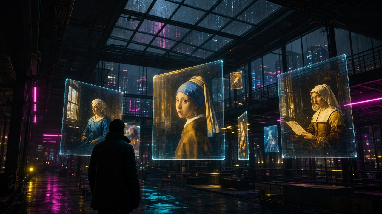 Futuristisch museuminterieur met Nederlandse schilderkunst als hologram