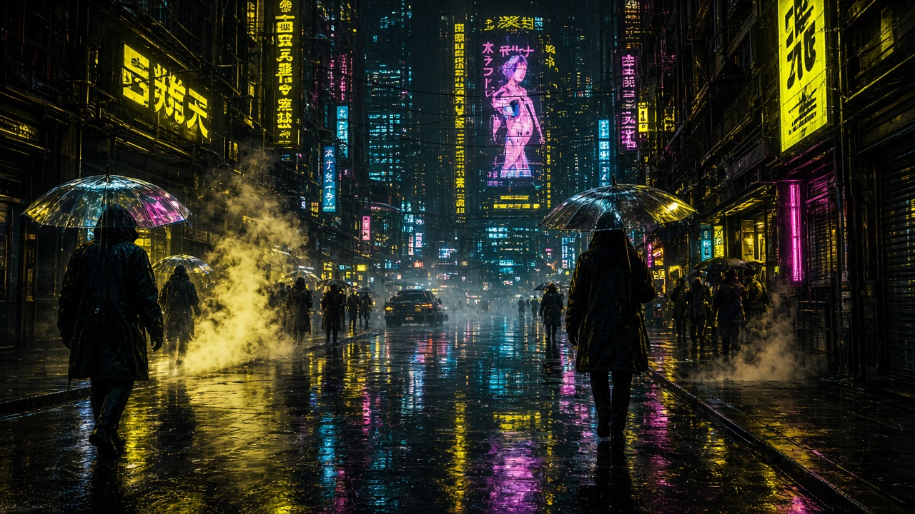 Regenachtige neonstad bij nacht