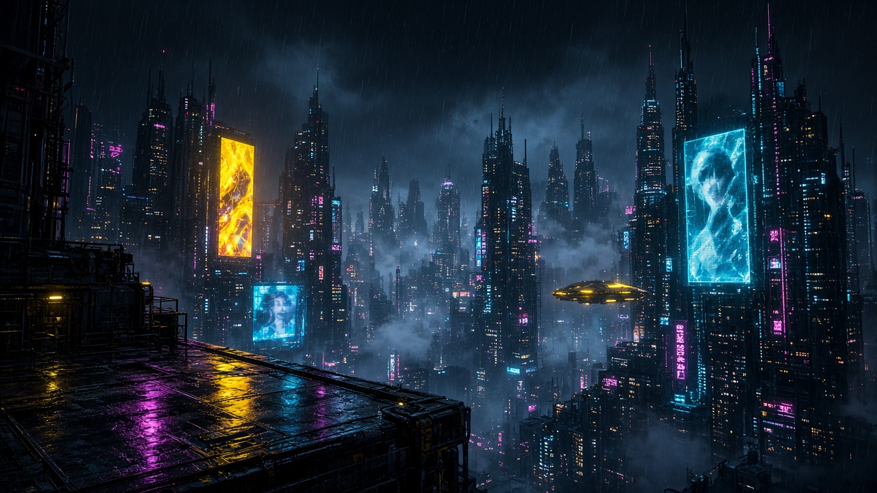Skyline van een megastad bij nacht met neonreclames en regen