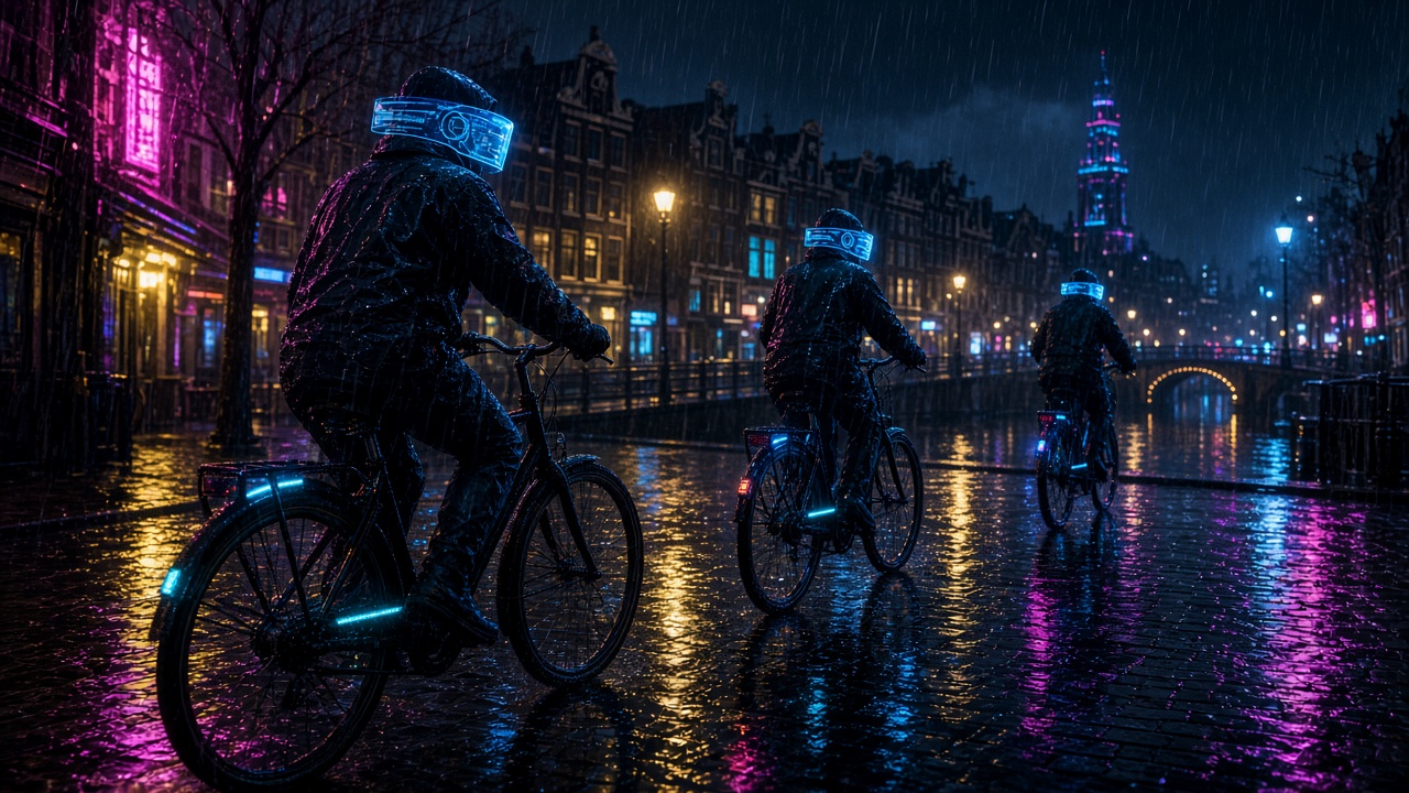 Fietsers in neonregen