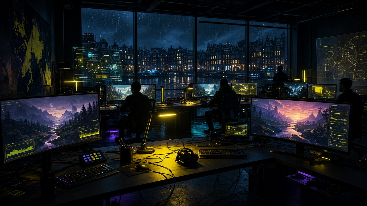 Interieur van een Nederlandse gamestudio met neon en ultrawide monitors