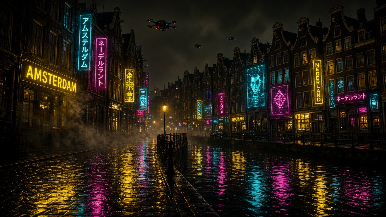 Amsterdamse grachtenhuizen in neonregen